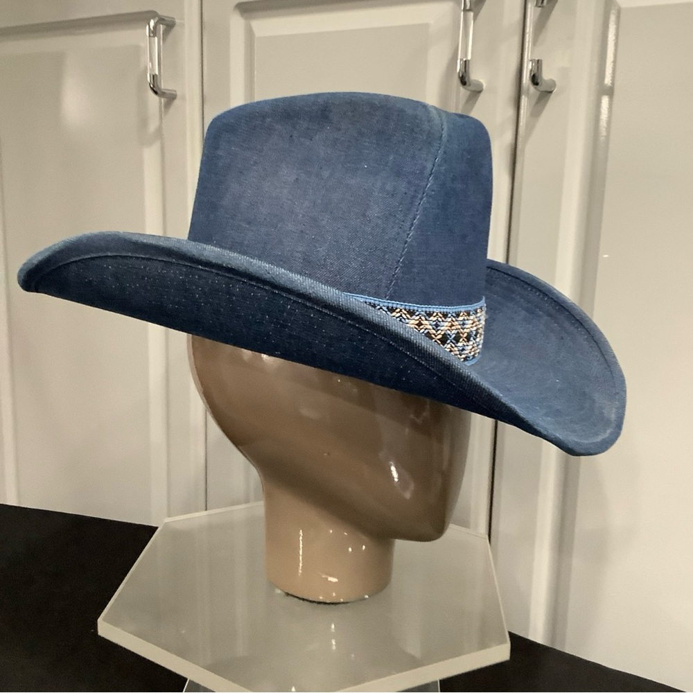 Vintage 70’s YA Youngan Blue Jean Denim Cowboy Western Hat Chevron Band - Picture 4 of 16